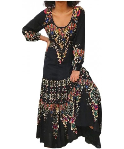 Women's Floral Printed Long Sleeve Mexican Dress Vintage Crew Neck Ethnic Style Maxi Dresses Black $16.40 Dresses