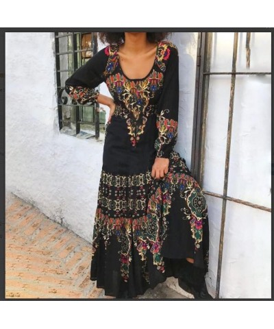 Women's Floral Printed Long Sleeve Mexican Dress Vintage Crew Neck Ethnic Style Maxi Dresses Black $16.40 Dresses