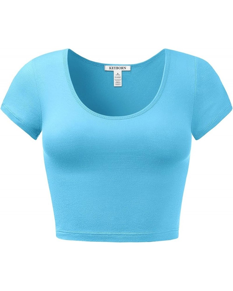 Women's Cotton Basic Scoop Neck Crop Short Sleeve Tops Aqua $9.27 T-Shirts