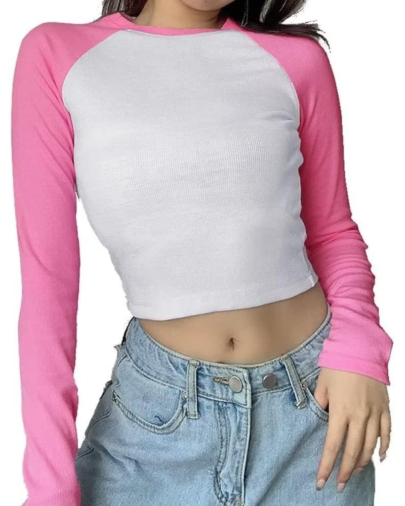 Womens Raglan Shirt Cropped Y2K Long Sleeve Ribbed Crop Top Tshirt for Teen Girls A-pink&white $9.66 Tops