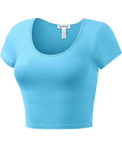 Women's Cotton Basic Scoop Neck Crop Short Sleeve Tops Aqua $9.27 T-Shirts