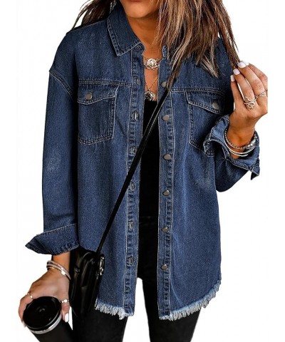 Women’s Oversized Button Up Frayed Hem Shacket Long Sleeve Pockets Denim Jean Jacket Dark Blue $20.78 Jackets