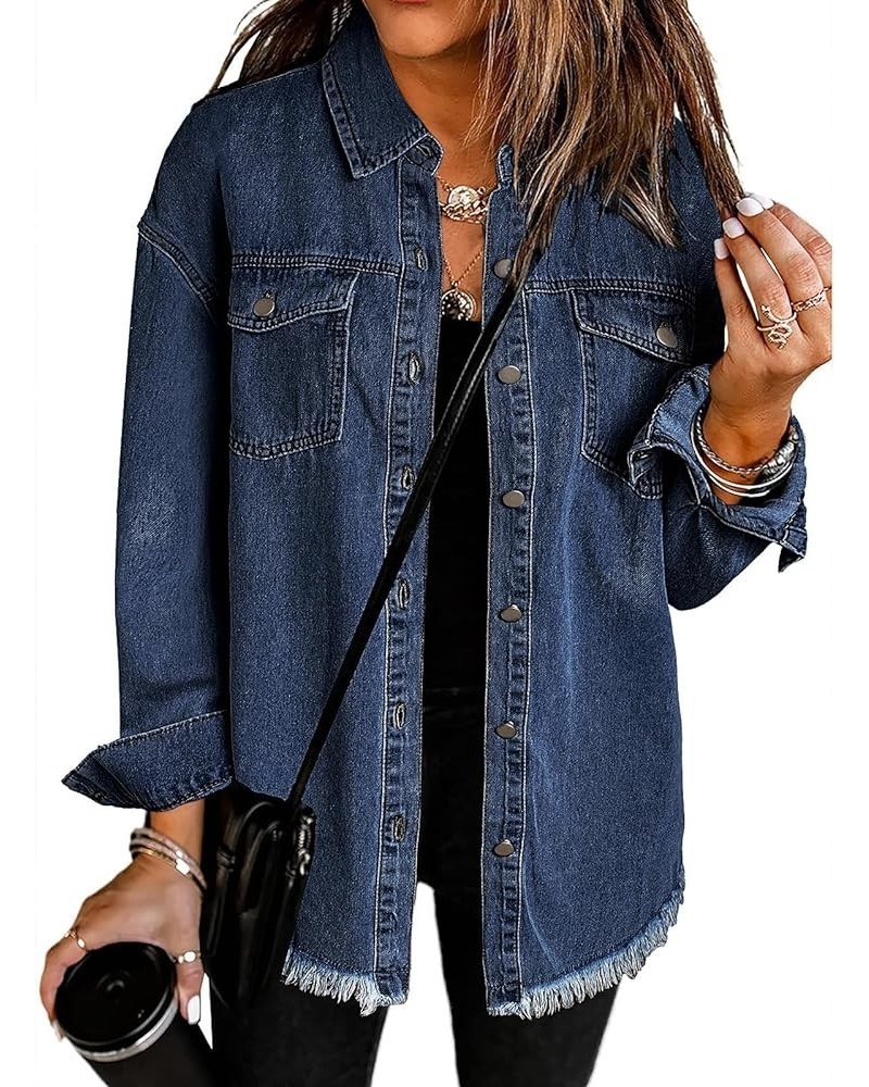 Women’s Oversized Button Up Frayed Hem Shacket Long Sleeve Pockets Denim Jean Jacket Dark Blue $20.78 Jackets