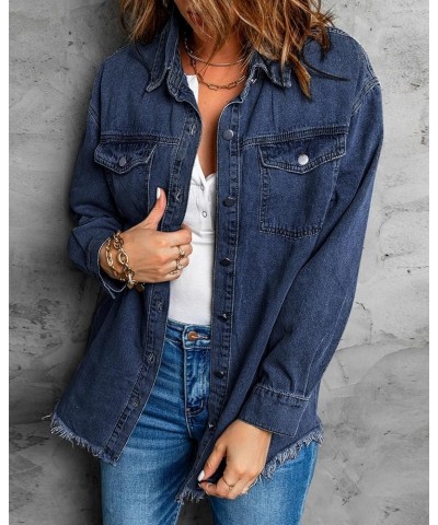 Women’s Oversized Button Up Frayed Hem Shacket Long Sleeve Pockets Denim Jean Jacket Dark Blue $20.78 Jackets