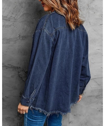 Women’s Oversized Button Up Frayed Hem Shacket Long Sleeve Pockets Denim Jean Jacket Dark Blue $20.78 Jackets