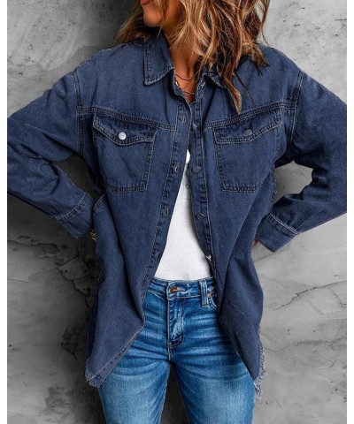 Women’s Oversized Button Up Frayed Hem Shacket Long Sleeve Pockets Denim Jean Jacket Dark Blue $20.78 Jackets