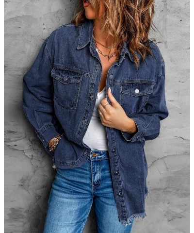 Women’s Oversized Button Up Frayed Hem Shacket Long Sleeve Pockets Denim Jean Jacket Dark Blue $20.78 Jackets