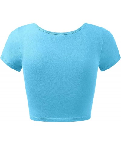 Women's Cotton Basic Scoop Neck Crop Short Sleeve Tops Aqua $9.27 T-Shirts