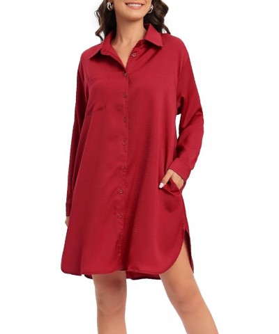 Women's Casual Cuffed Long Sleeve Button Down Shirt Dress Plus Size V Neck Tunic Blouses Tops with Pockets Wine Red-satin $20...