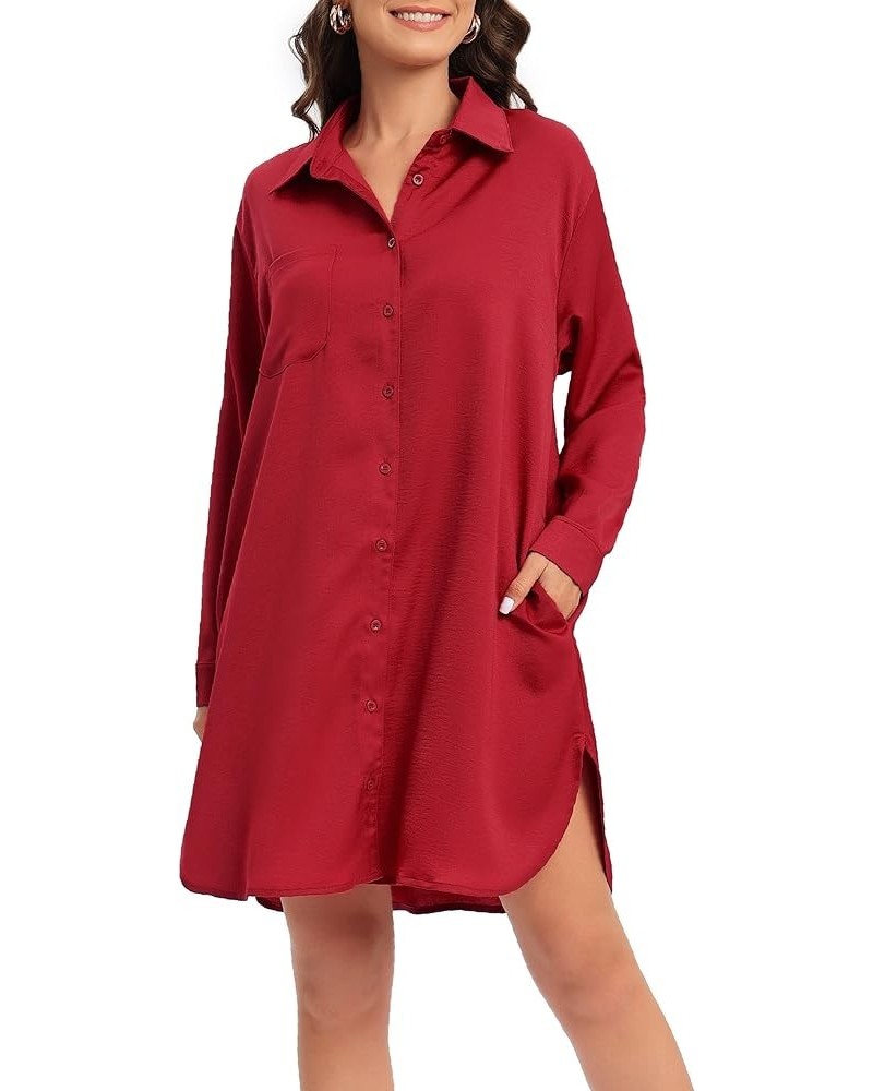 Women's Casual Cuffed Long Sleeve Button Down Shirt Dress Plus Size V Neck Tunic Blouses Tops with Pockets Wine Red-satin $20...