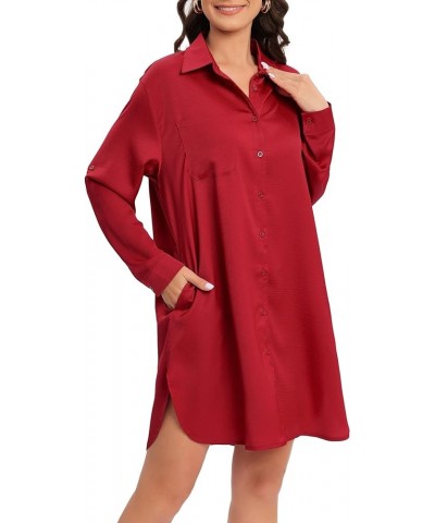 Women's Casual Cuffed Long Sleeve Button Down Shirt Dress Plus Size V Neck Tunic Blouses Tops with Pockets Wine Red-satin $20...