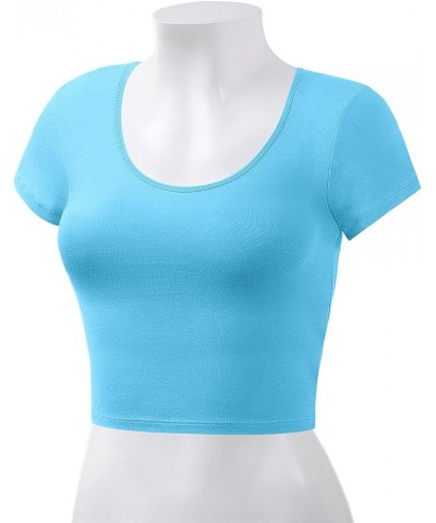 Women's Cotton Basic Scoop Neck Crop Short Sleeve Tops Aqua $9.27 T-Shirts