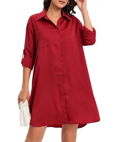 Women's Casual Cuffed Long Sleeve Button Down Shirt Dress Plus Size V Neck Tunic Blouses Tops with Pockets Wine Red-satin $20...