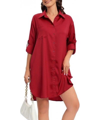 Women's Casual Cuffed Long Sleeve Button Down Shirt Dress Plus Size V Neck Tunic Blouses Tops with Pockets Wine Red-satin $20...