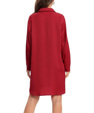 Women's Casual Cuffed Long Sleeve Button Down Shirt Dress Plus Size V Neck Tunic Blouses Tops with Pockets Wine Red-satin $20...