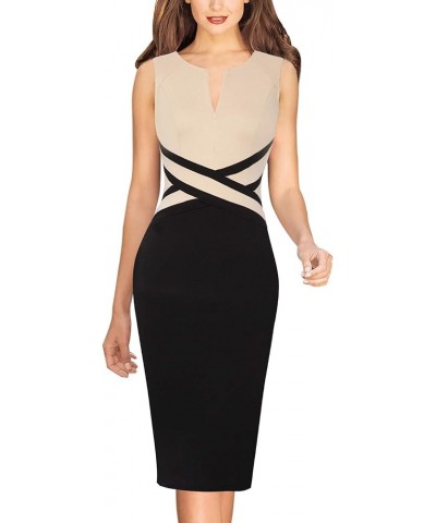 Womens Colorblock Front Zipper Work Office Business Party Bodycon Pencil Dress Beige+black-2 $27.72 Dresses