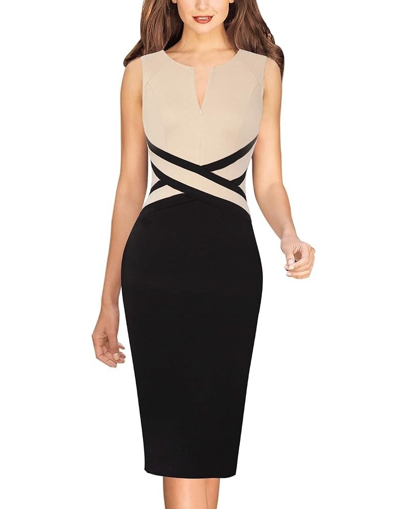 Womens Colorblock Front Zipper Work Office Business Party Bodycon Pencil Dress Beige+black-2 $27.72 Dresses