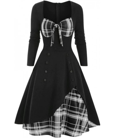 Holiday Dresses for Women Vintage 1950s Plaid Dress Retro Cocktail Party Swing Dresses Bowtie Front Formal Long Sleeve Dress ...