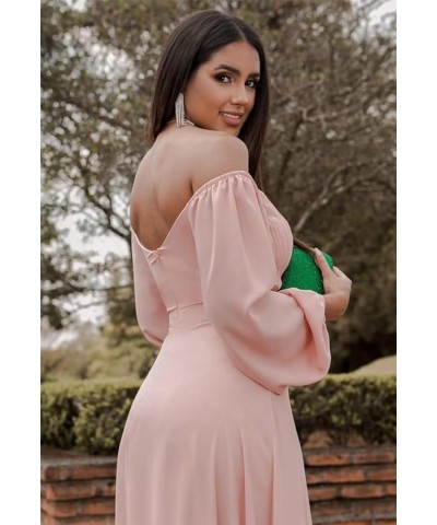 Off Shoulder Bridesmaid Dresses for Women Long Sleeve Chiffon Formal Evening Party Prom Dress with Slit Teal $33.05 Dresses