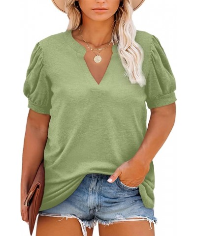 Womens Plus Size Tops V Neck Puff Short Sleeve Summer Loose Casual Solid Tees Shirts(1X-5X) A Grass Green $12.00 T-Shirts