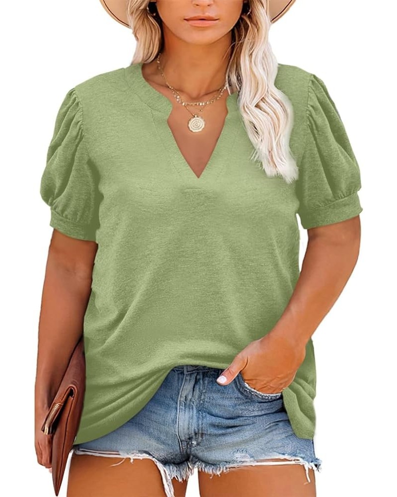 Womens Plus Size Tops V Neck Puff Short Sleeve Summer Loose Casual Solid Tees Shirts(1X-5X) A Grass Green $12.00 T-Shirts