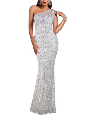 Elegant Sequin Dresses for Wedding Guest One Shoulder Dress for Women with Bead Maxi Formal Gowns A-silver $44.65 Dresses