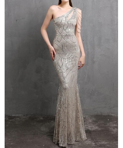 Elegant Sequin Dresses for Wedding Guest One Shoulder Dress for Women with Bead Maxi Formal Gowns A-silver $44.65 Dresses