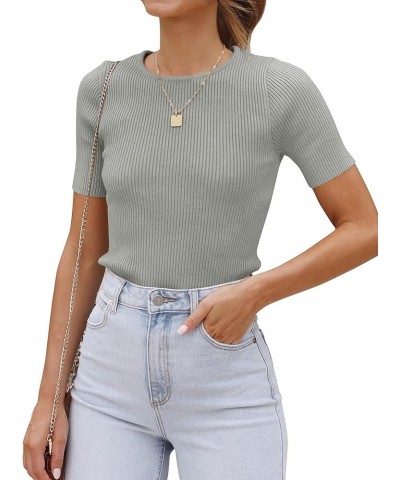 Women's Short Sleeve Basic T Shirt 2024 Summer Crewneck Ribbed Knit Slim Fit Solid Color Tee Tops,Almond Grey $11.72 T-Shirts