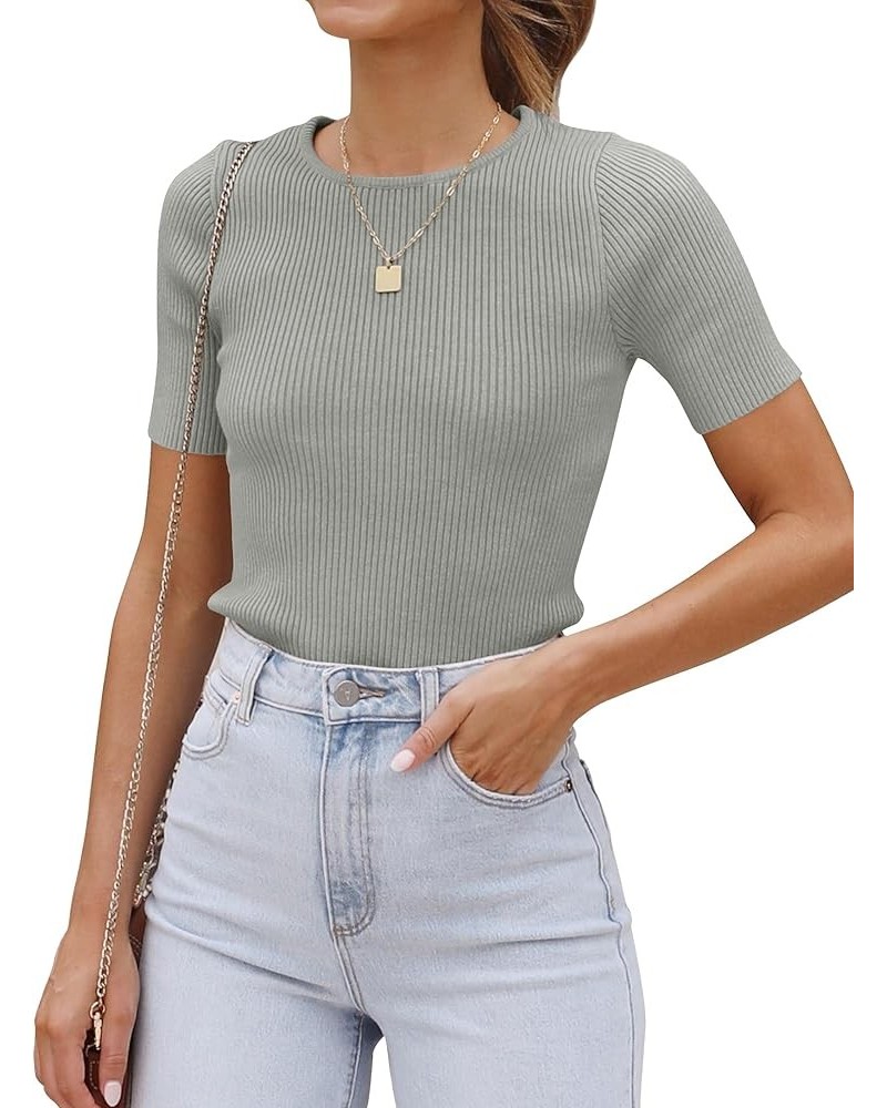 Women's Short Sleeve Basic T Shirt 2024 Summer Crewneck Ribbed Knit Slim Fit Solid Color Tee Tops,Almond Grey $11.72 T-Shirts