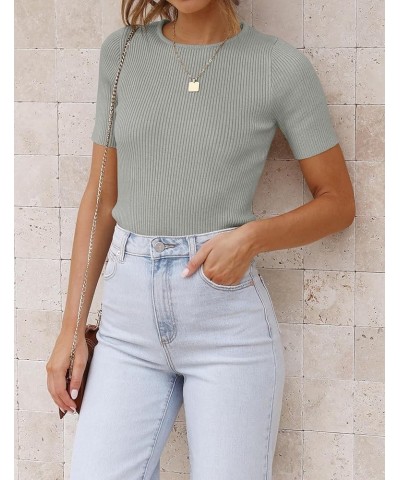 Women's Short Sleeve Basic T Shirt 2024 Summer Crewneck Ribbed Knit Slim Fit Solid Color Tee Tops,Almond Grey $11.72 T-Shirts