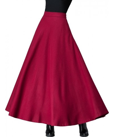 Women's Long Maxi Woolen A Line Skirt Autumn Winter Plaid Skirt Burgundy $20.21 Skirts