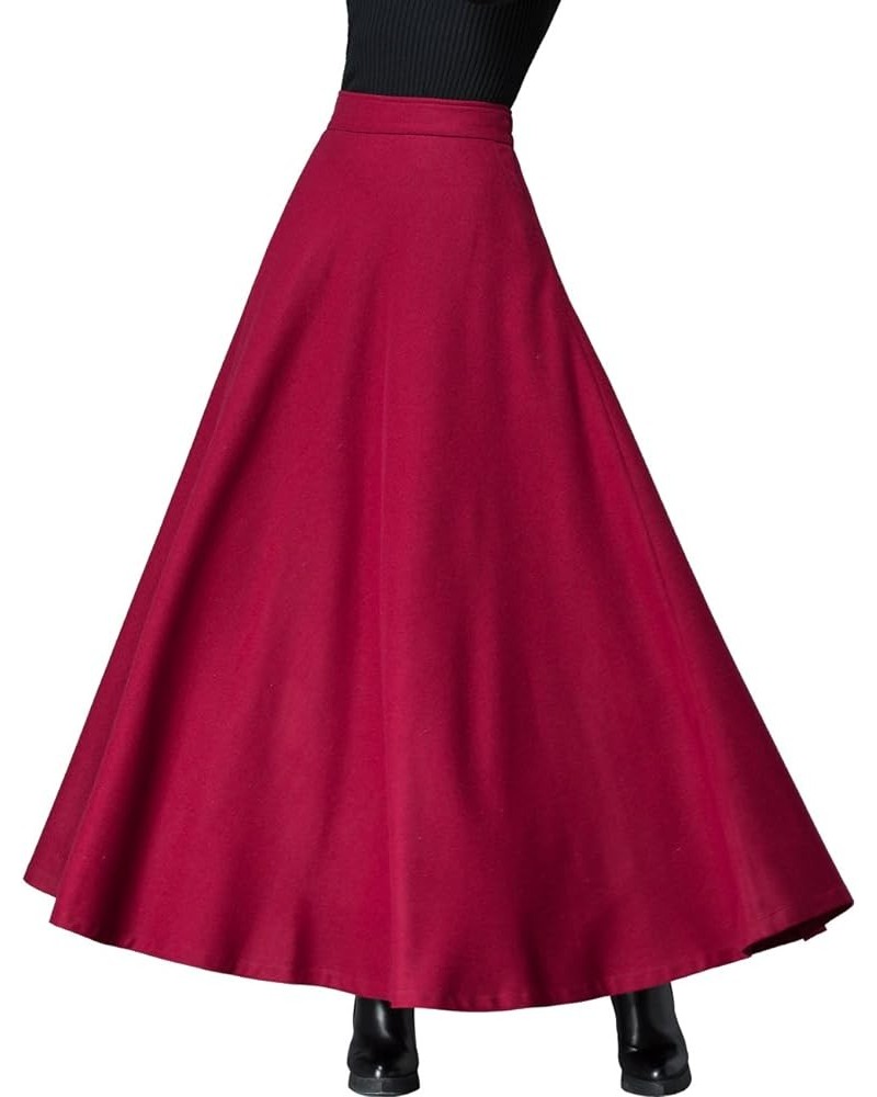 Women's Long Maxi Woolen A Line Skirt Autumn Winter Plaid Skirt Burgundy $20.21 Skirts