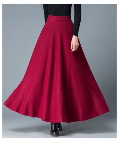 Women's Long Maxi Woolen A Line Skirt Autumn Winter Plaid Skirt Burgundy $20.21 Skirts