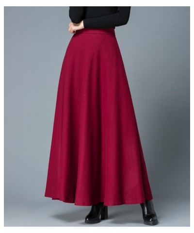 Women's Long Maxi Woolen A Line Skirt Autumn Winter Plaid Skirt Burgundy $20.21 Skirts