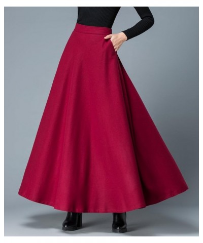 Women's Long Maxi Woolen A Line Skirt Autumn Winter Plaid Skirt Burgundy $20.21 Skirts