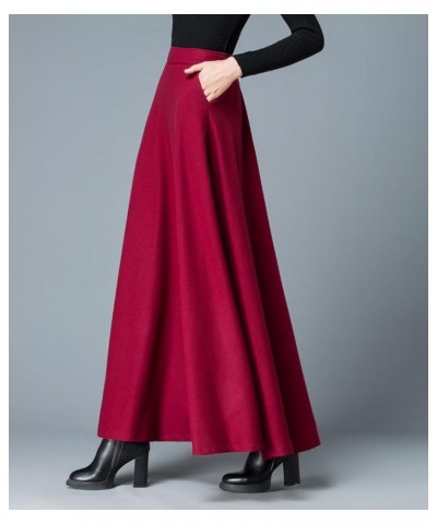 Women's Long Maxi Woolen A Line Skirt Autumn Winter Plaid Skirt Burgundy $20.21 Skirts