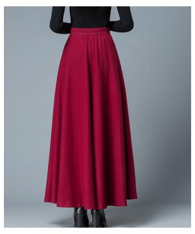 Women's Long Maxi Woolen A Line Skirt Autumn Winter Plaid Skirt Burgundy $20.21 Skirts