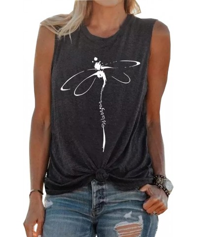 Let It Be Abstract Dragonfly Tank Top for Women Vintage Dragonfly Sleeveless Graphic Tee Summer Beach Vacation Vest Dark Grey...