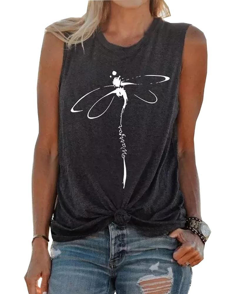 Let It Be Abstract Dragonfly Tank Top for Women Vintage Dragonfly Sleeveless Graphic Tee Summer Beach Vacation Vest Dark Grey...