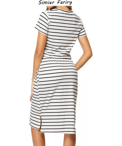 2024 Womens Hide Belly Work Casual Midi Blouson Dress with Pockets Simple-ivory Striped / Black $32.94 Dresses