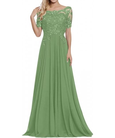 Chiffon Mother of The Bride Dresses Women's Lace Applique Beaded Formal Dresses Short Sleeve Evening Gowns Sage Green $37.25 ...