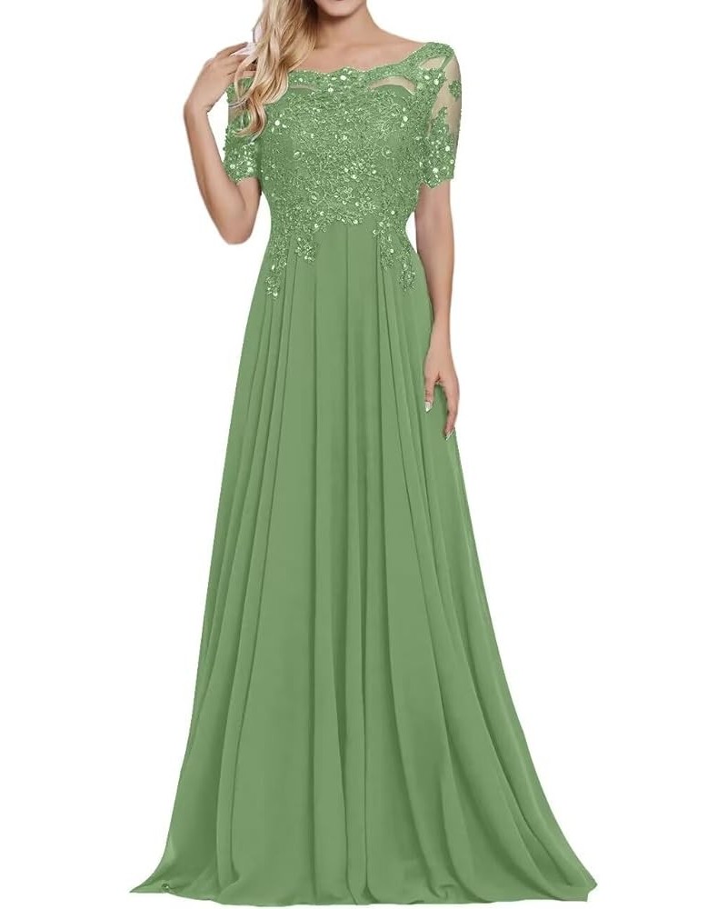 Chiffon Mother of The Bride Dresses Women's Lace Applique Beaded Formal Dresses Short Sleeve Evening Gowns Sage Green $37.25 ...