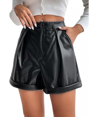 Women's High Waisted PU Leather Shorts Roll Hem Shorts with Pockets Carbon Black Button $20.39 Shorts