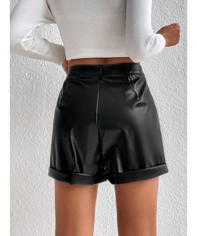 Women's High Waisted PU Leather Shorts Roll Hem Shorts with Pockets Carbon Black Button $20.39 Shorts