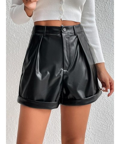 Women's High Waisted PU Leather Shorts Roll Hem Shorts with Pockets Carbon Black Button $20.39 Shorts