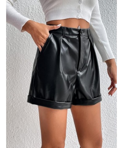 Women's High Waisted PU Leather Shorts Roll Hem Shorts with Pockets Carbon Black Button $20.39 Shorts