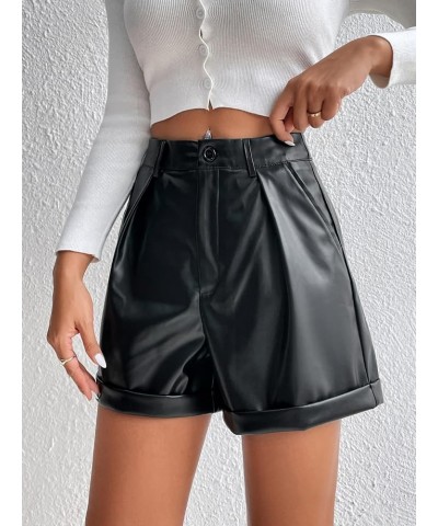 Women's High Waisted PU Leather Shorts Roll Hem Shorts with Pockets Carbon Black Button $20.39 Shorts