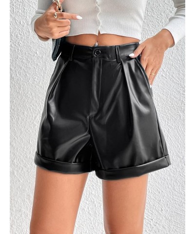 Women's High Waisted PU Leather Shorts Roll Hem Shorts with Pockets Carbon Black Button $20.39 Shorts