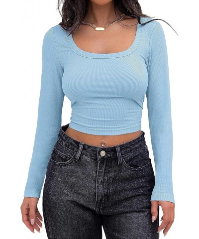 Women Sexy Long Sleeve T Shirt Crew Neck Slim Fitted Crop Top Causal Solid Y2k Pullover Blouse Top Square Neck Z Blue 23 $10....