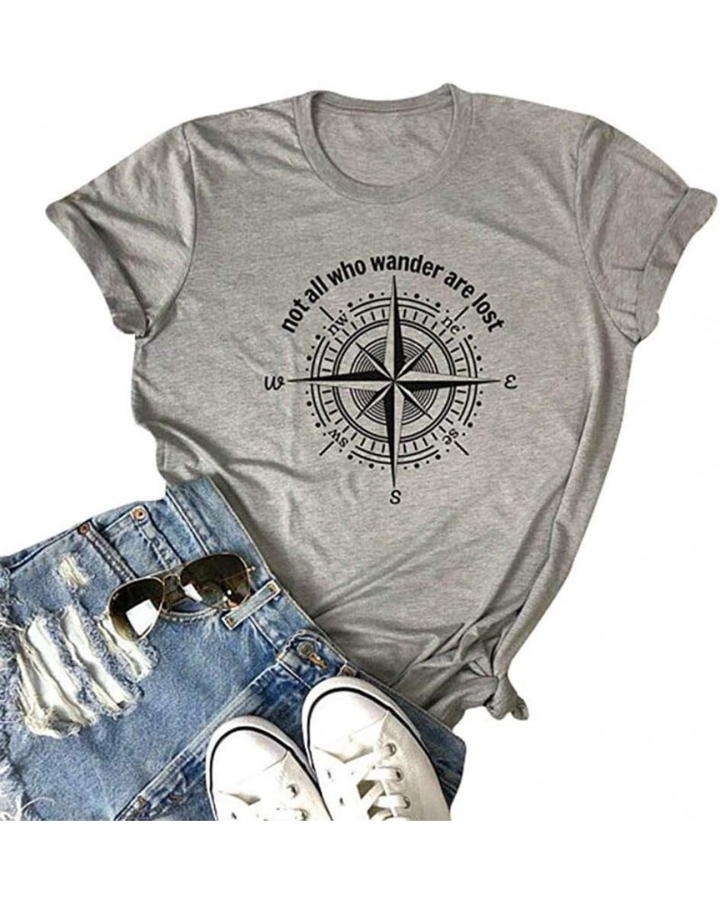 Womens Not All Who Wander are Lost T-Shirt Workout Shirts Summer Funny Letters Compass Graphic Casual Tops Athletic Tee Grey ...